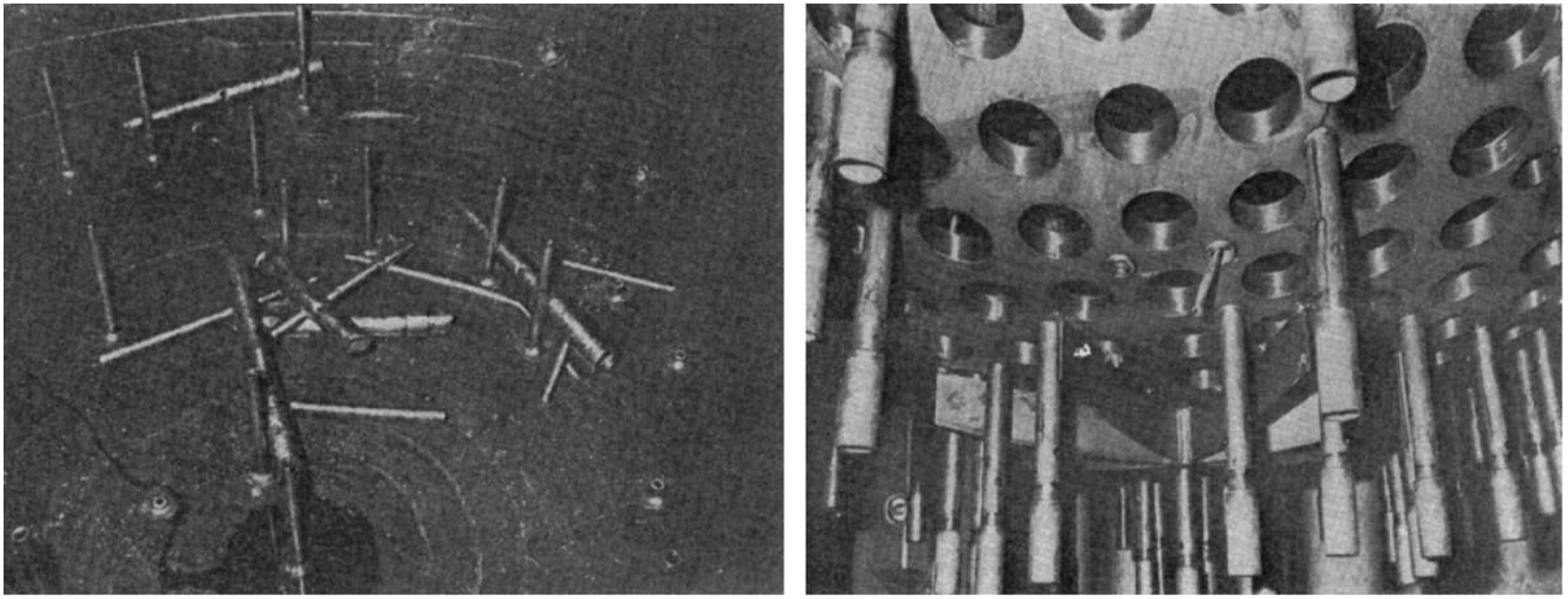 Figure 1: The left picture shows the broken in-core instrumental (ICI) nozzles from the heat exchanger. The picture in the right shows the missing ICI tubes from the bottom of the pressure vessel [PaÃ¯doussis, 2006].